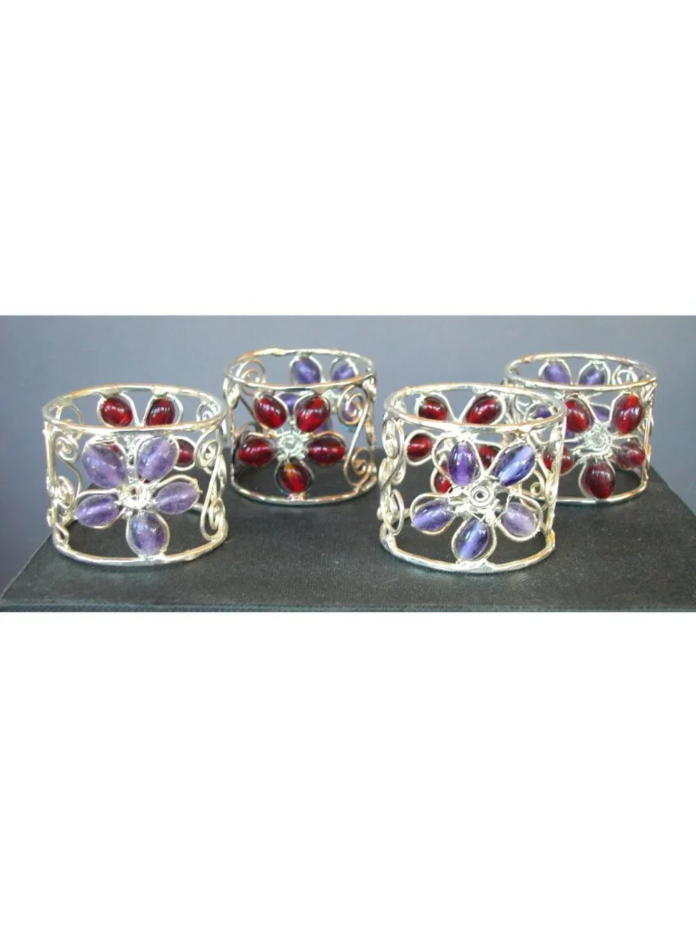Artisan Silver-Tone Wire Napkin Rings Red & Purple Accents